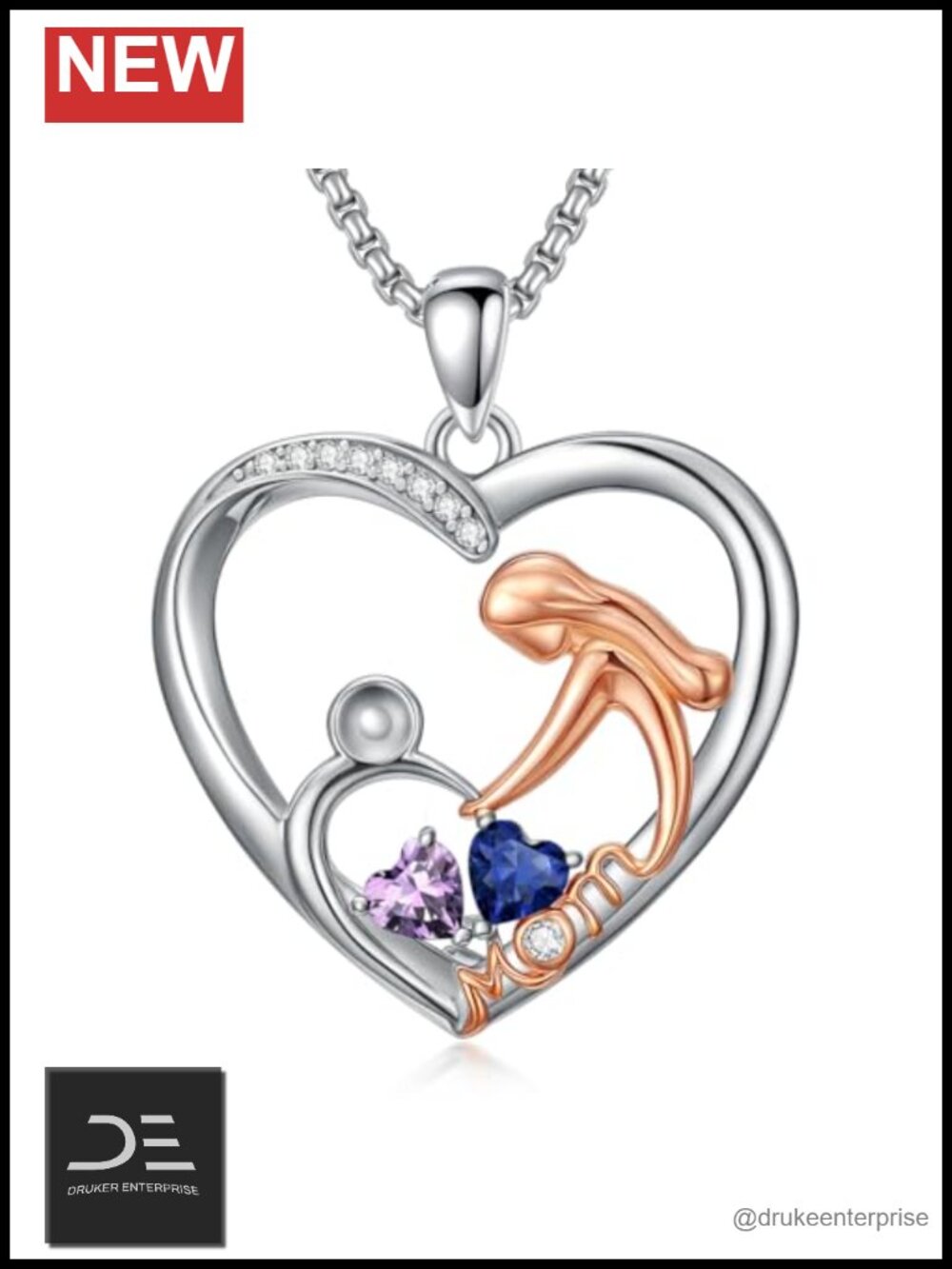 18K White Gold Plated Heart Birthstone Mom Necklace with Two Pendants